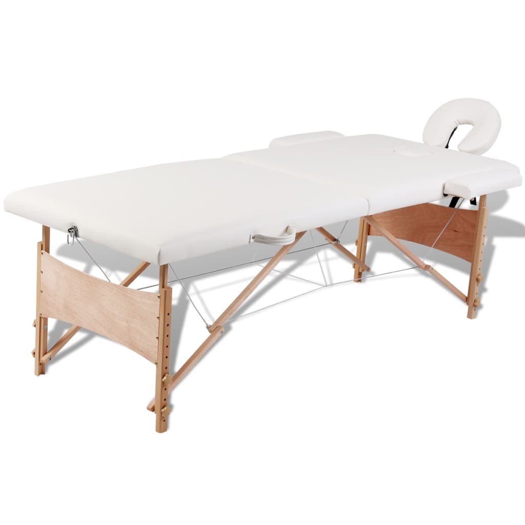 vidaXL Krem bijeli sklopivi stol za masažu s 2 zone i drvenim okvirom