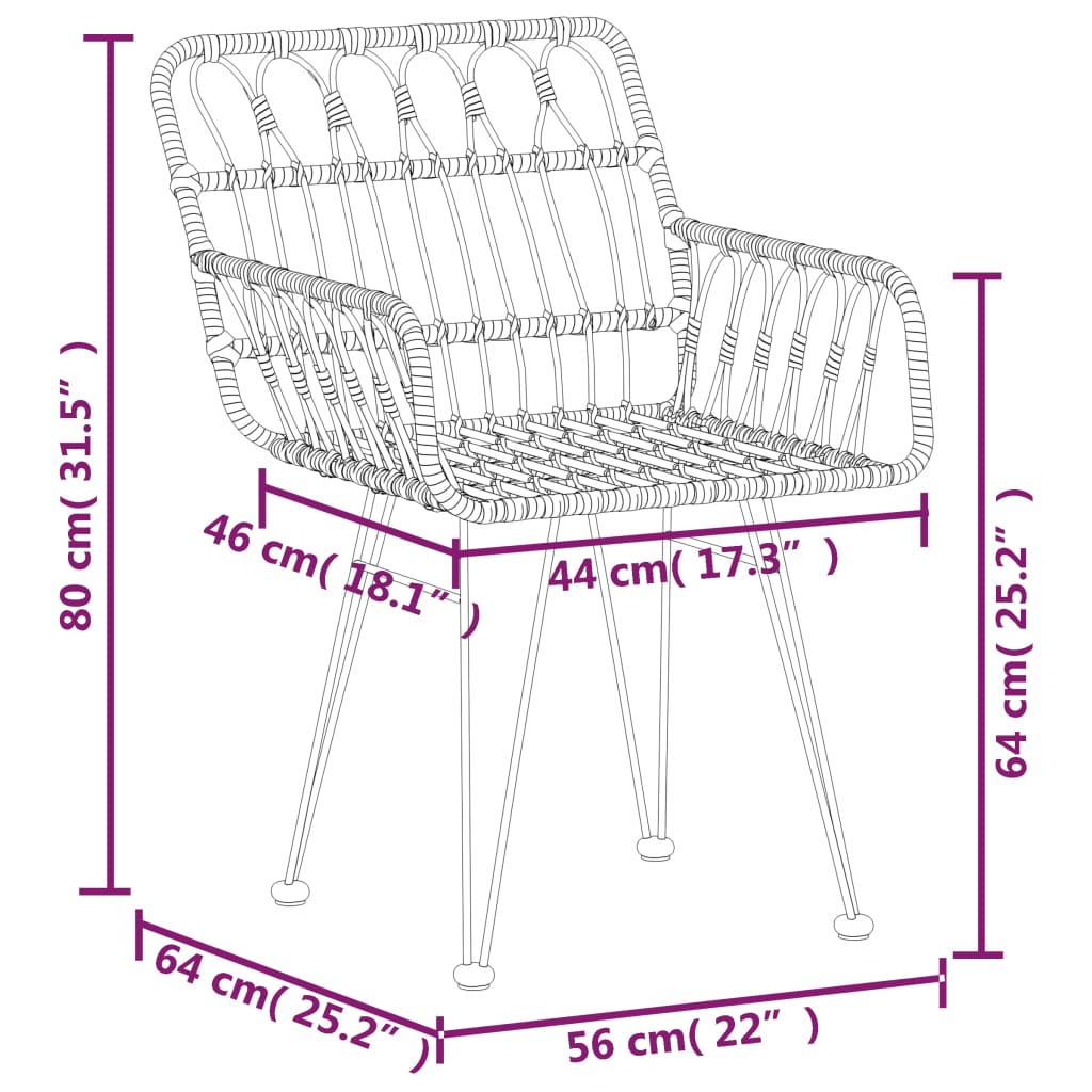 vidaXL Vrtne stolice 2 kom s naslonima za ruke 56x64x80 cm PE ratan