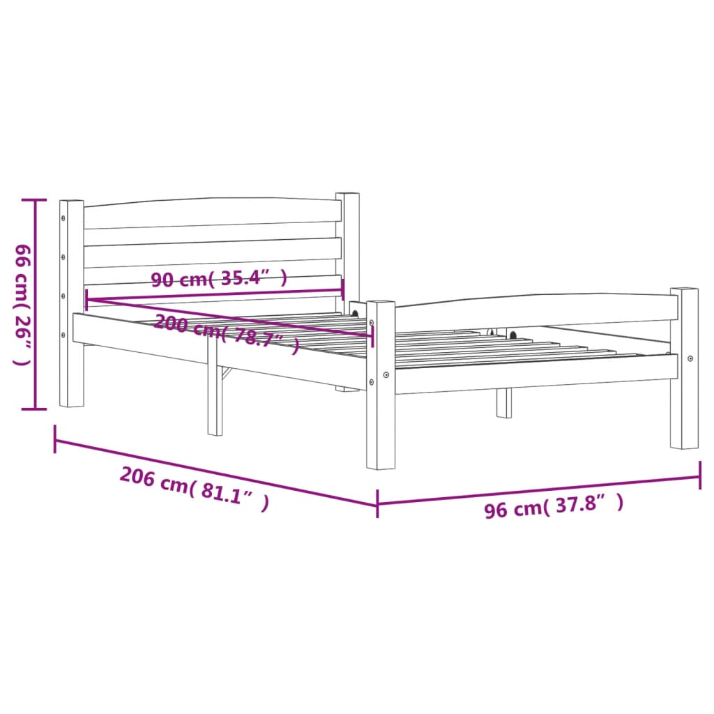 vidaXL Okvir za krevet od masivne borovine tamnosivi 90 x 200 cm