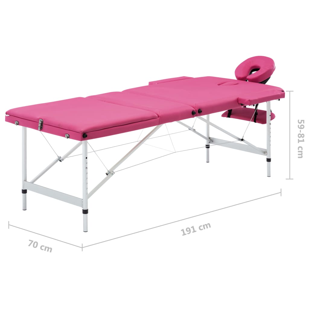 vidaXL Sklopivi stol za masažu s 3 zone aluminijski ružičasti