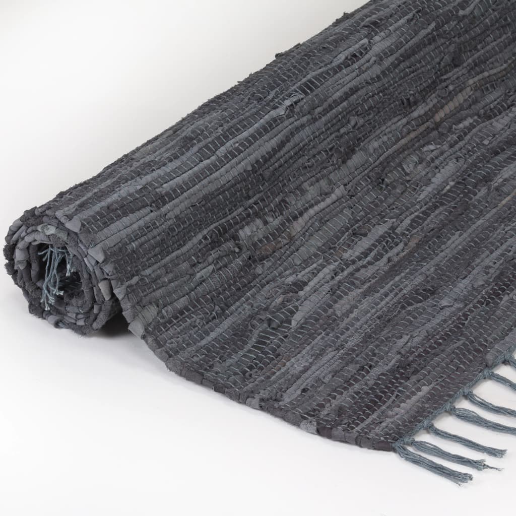 vidaXL Ručno tkani tepih Chindi od kože 120 x 170 cm sivi