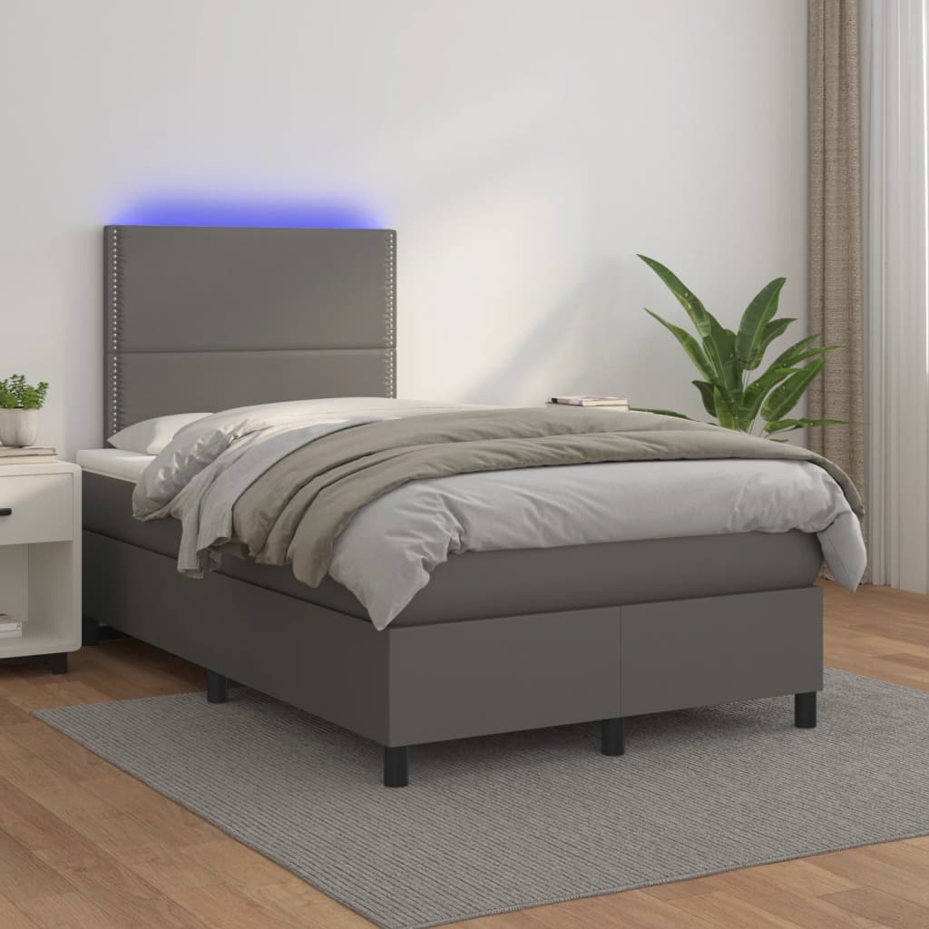 vidaXL Krevet s oprugama i madracem LED sivi 120x190 cm umjetna koža