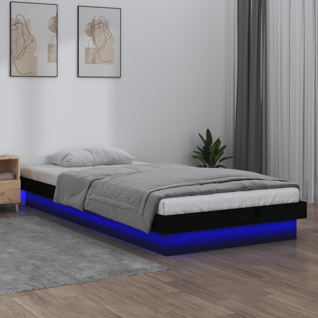 vidaXL LED okvir kreveta crni 90 x 190 cm mali od masivnog drva