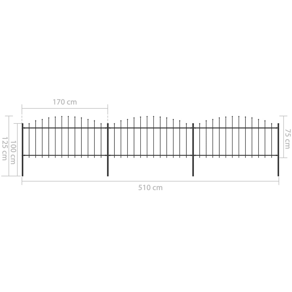 vidaXL Vrtna ograda s ukrasnim kopljima (0,5-0,75) x 5,1 m čelična crna