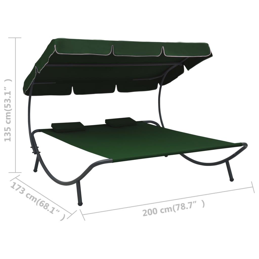 vidaXL Vanjski ležaj s krovom i jastucima zeleni