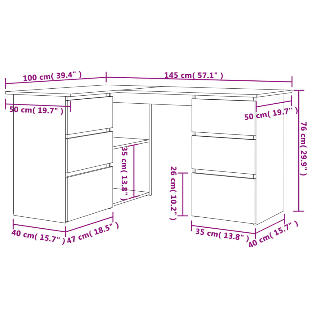 vidaXL Kutni radni stol visoki sjaj sivi 145 x 100 x 76 cm iverica