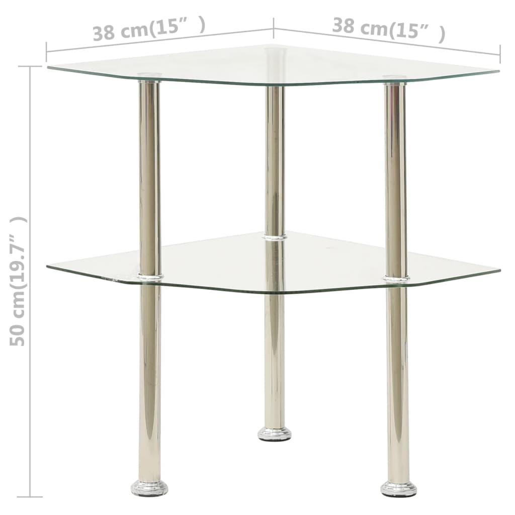 vidaXL Bočni stolić s 2 razine prozirni 38x38x50 cm od kaljenog stakla