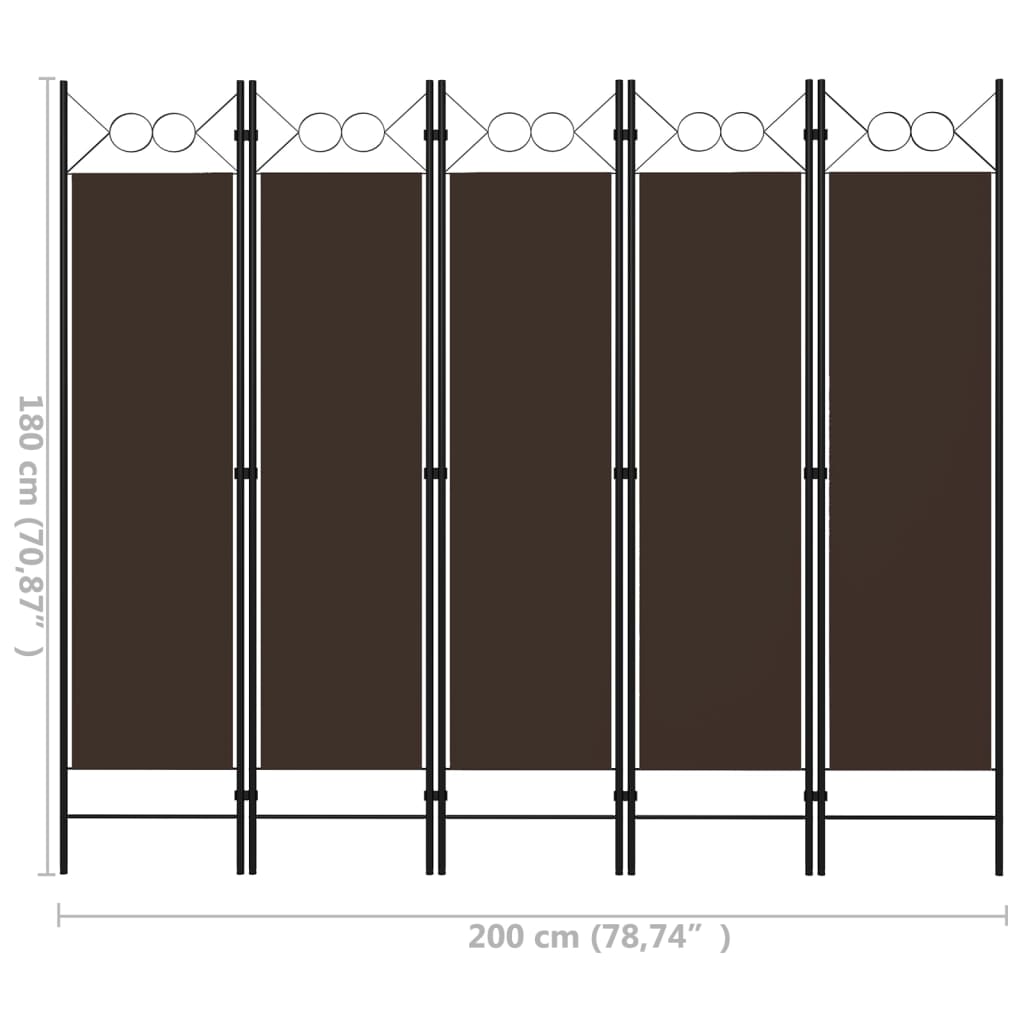 vidaXL Sobna pregrada s 5 panela smeđa 200 x 180 cm