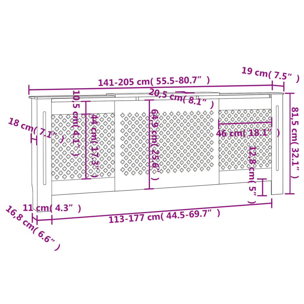 vidaXL Pokrov za radijator MDF sivi 205 cm
