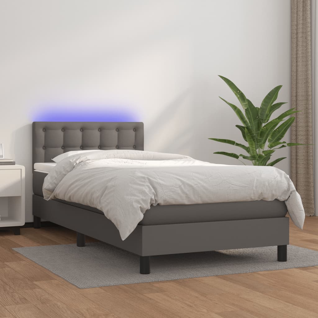 vidaXL Krevet box spring s madracem LED sivi 80x200 cm od umjetne kože