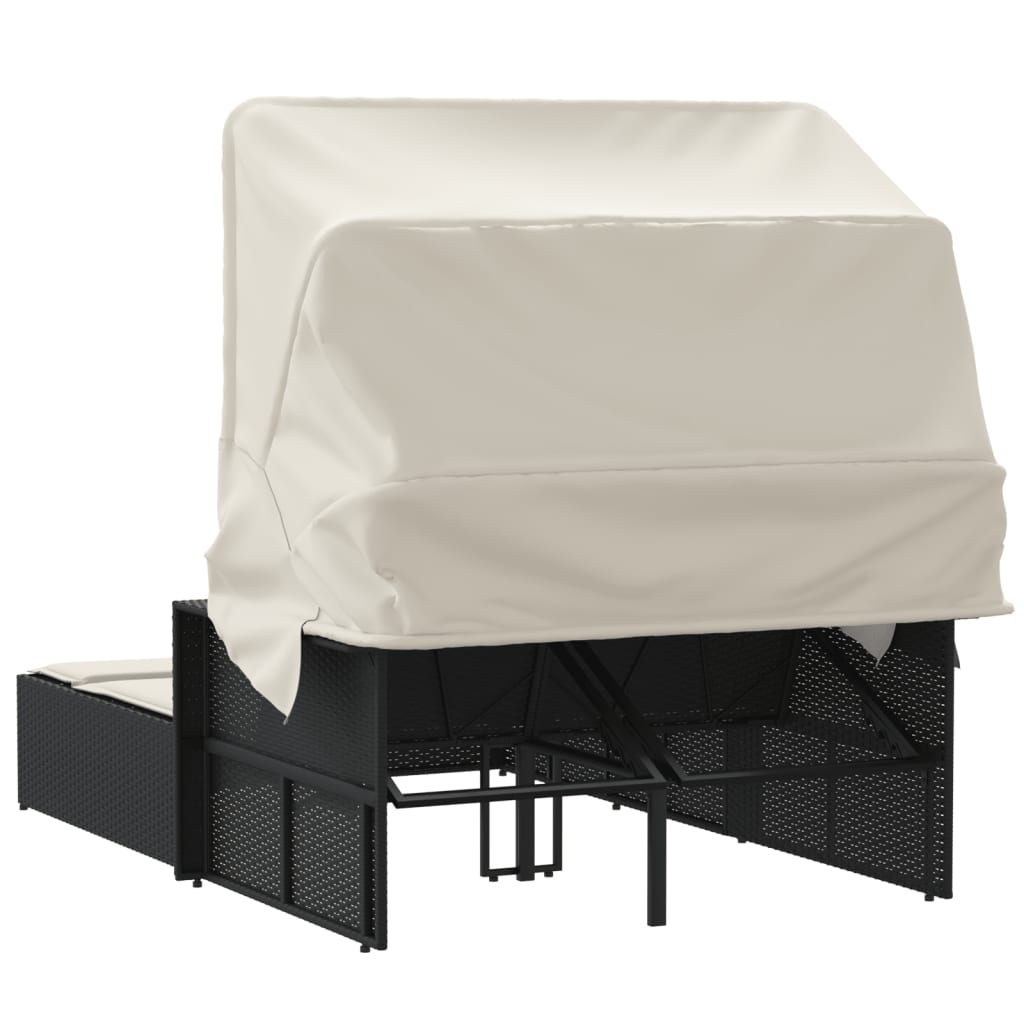 vidaXL Dupla ležaljka za sunčanje s krovom i jastucima crna poliratan