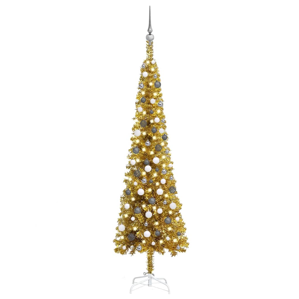 vidaXL Tanko osvijetljeno božićno drvce s kuglicama zlatno 210 cm