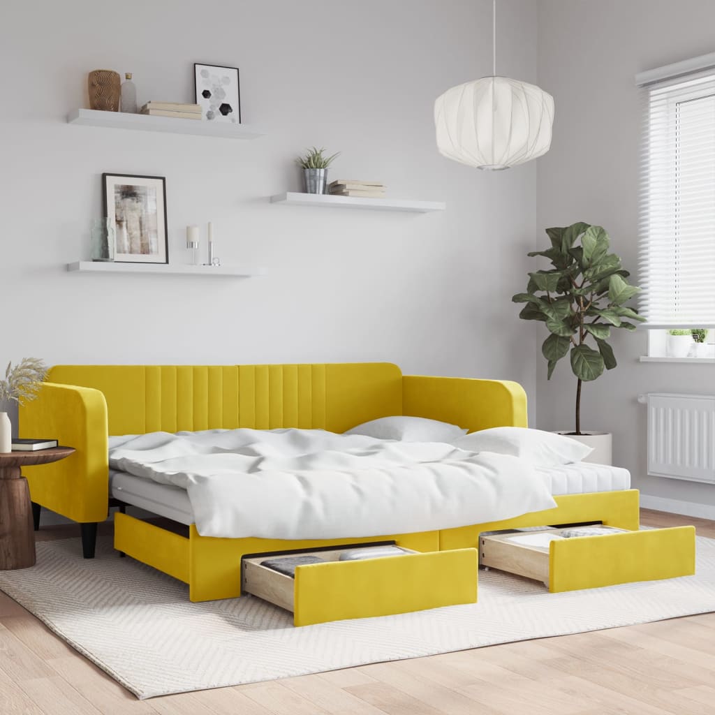 vidaXL Dnevni krevet na razvlačenje s ladicama žuti 100x200 cm baršun