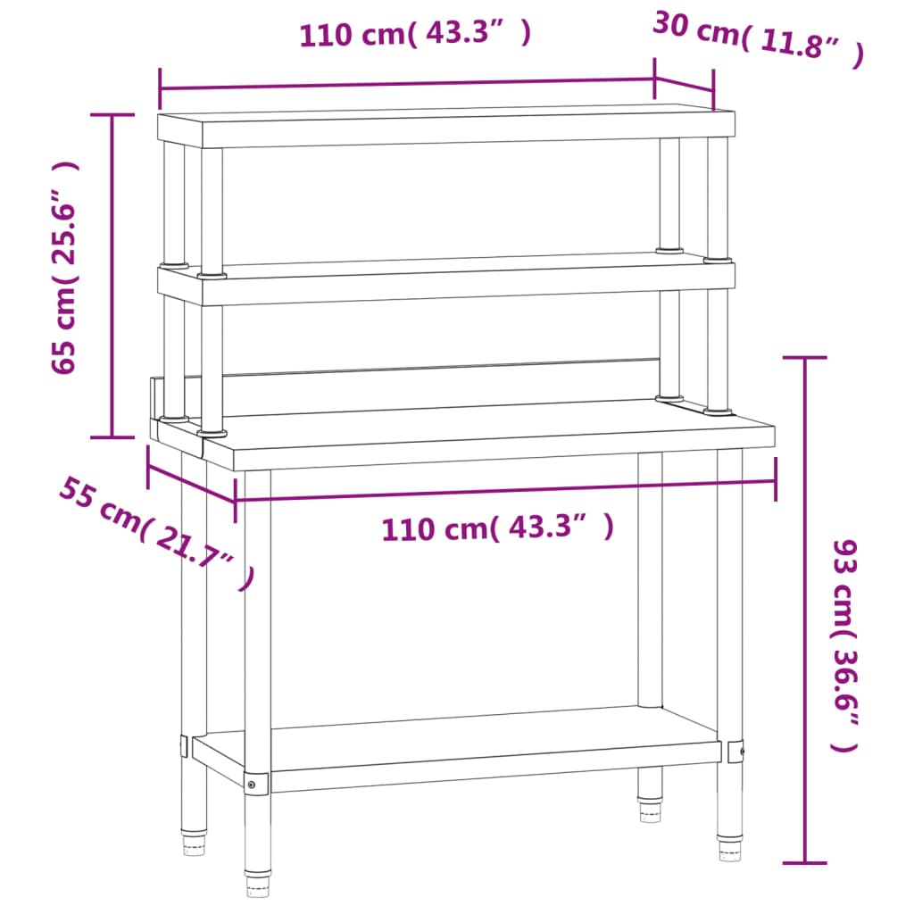 vidaXL Kuhinjski radni stol s policom 110x55x150 cm nehrđajući čelik