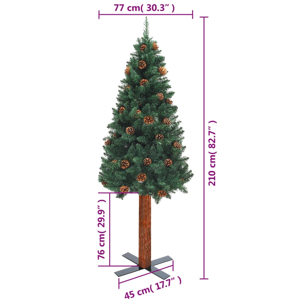 vidaXL Tanko božićno drvce s pravim drvom i šiškama zeleno 210 cm PVC