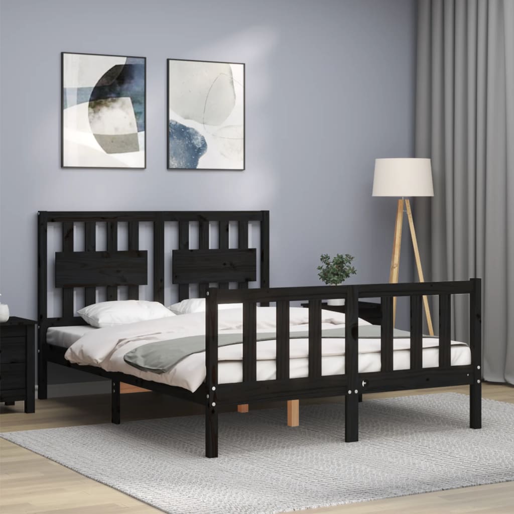 vidaXL Okvir kreveta s uzglavljem crni mali bračni masivno drvo