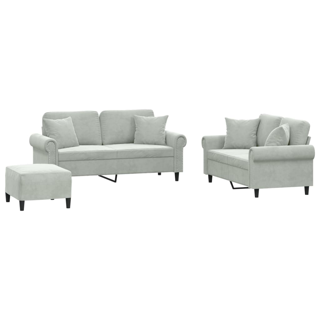 vidaXL 3-dijelni set sofa s jastucima svjetlosivi baršunasti