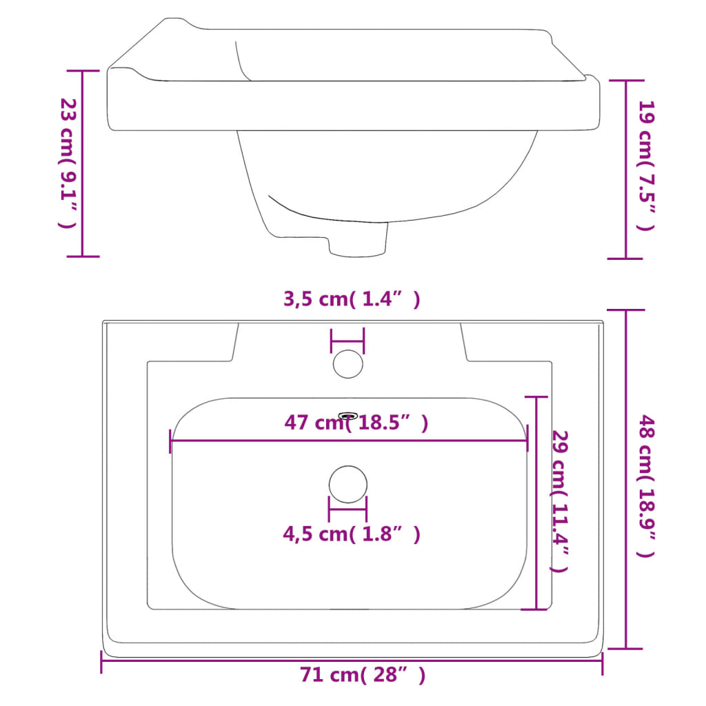 vidaXL Kupaonski umivaonik bijeli 71 x 48 x 23 cm pravokutni keramički
