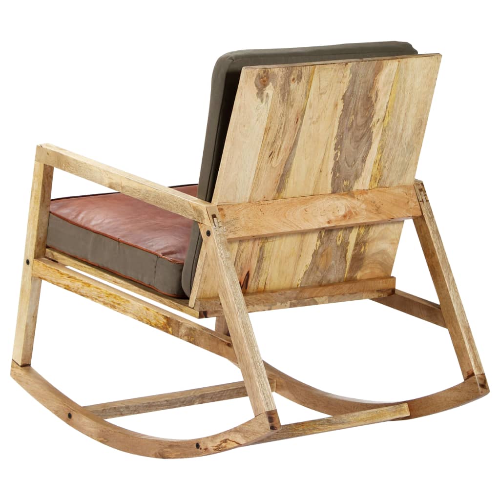vidaXL Stolica za ljuljanje od prave kože i masivnog drva manga smeđa