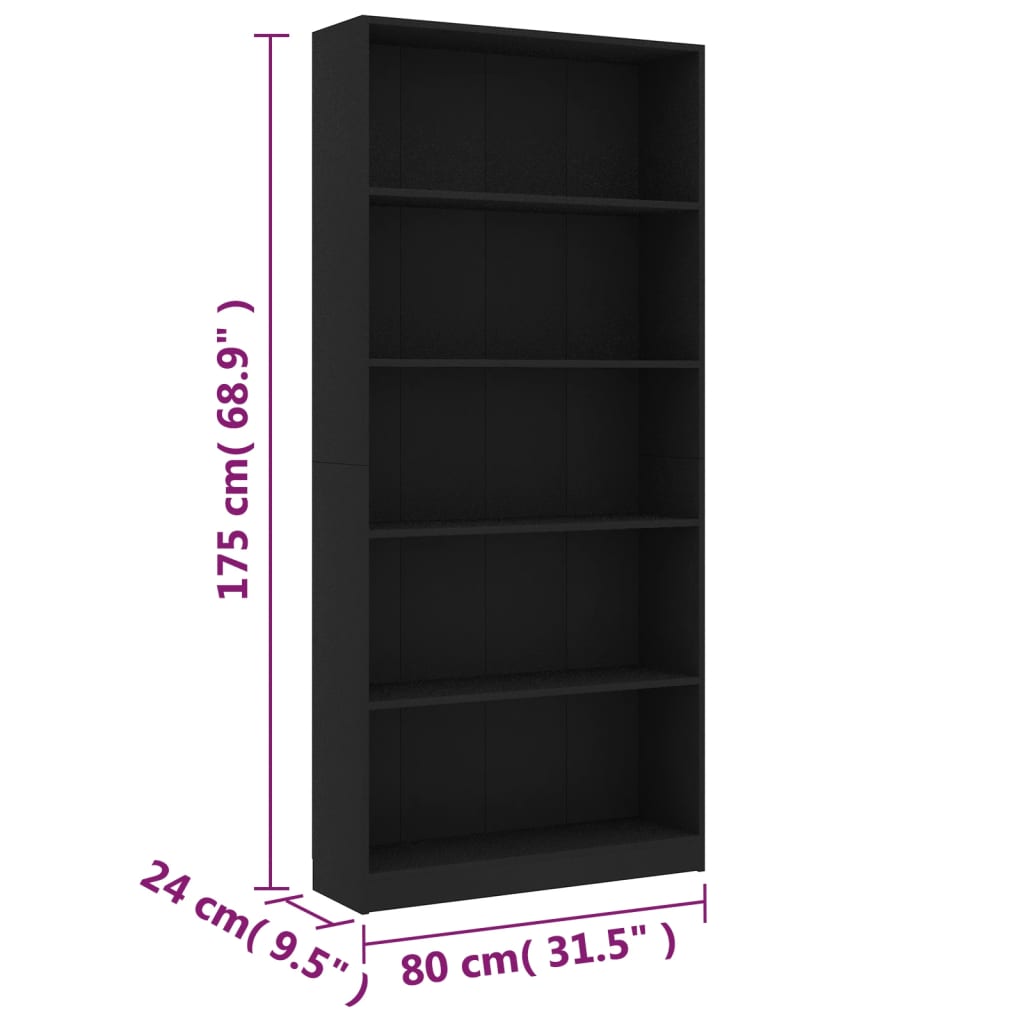 vidaXL Ormarić za knjige 5 razina crni 80x24x175 cm konstruirano drvo