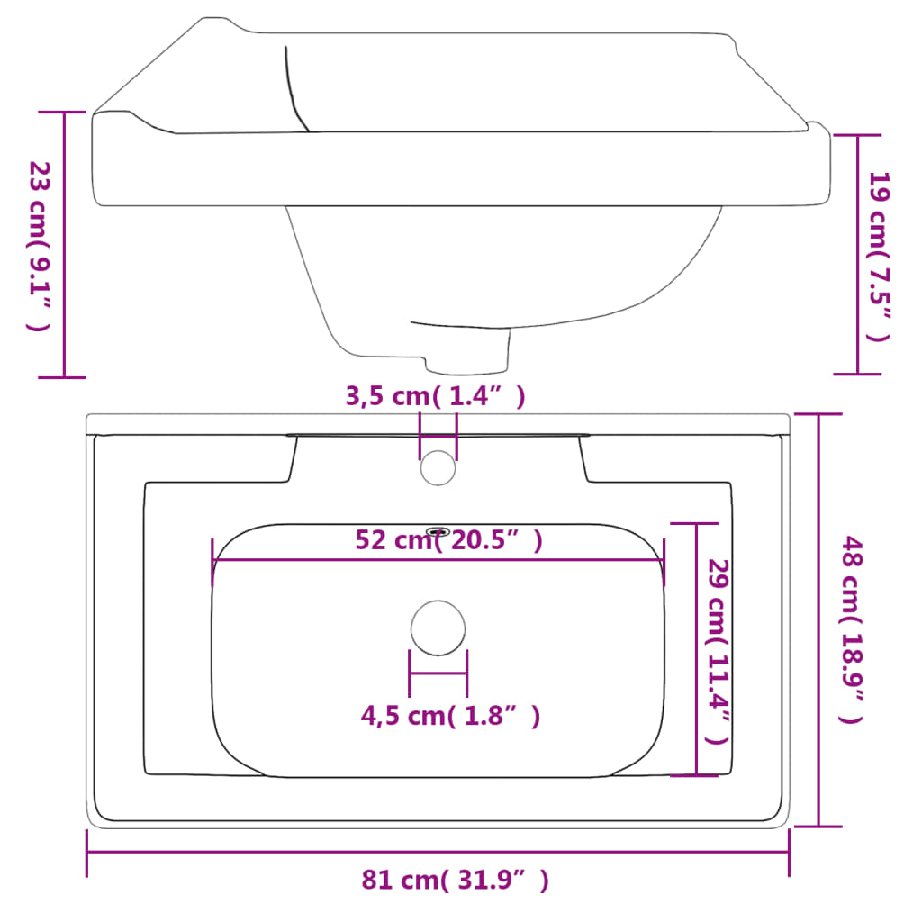 vidaXL Kupaonski umivaonik bijeli 81 x 48 x 23 cm pravokutni keramički