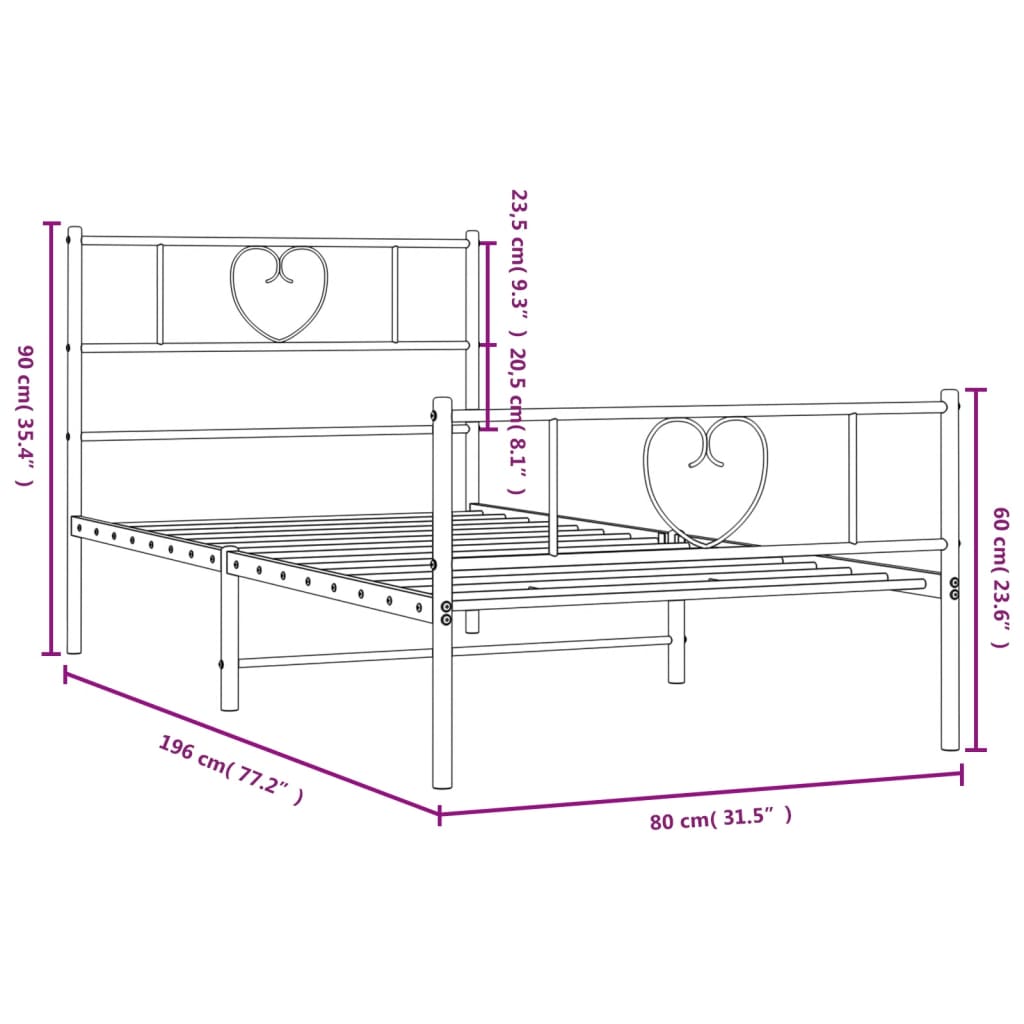 vidaXL Metalni okvir kreveta uzglavlje i podnožje crni 75x190 cm