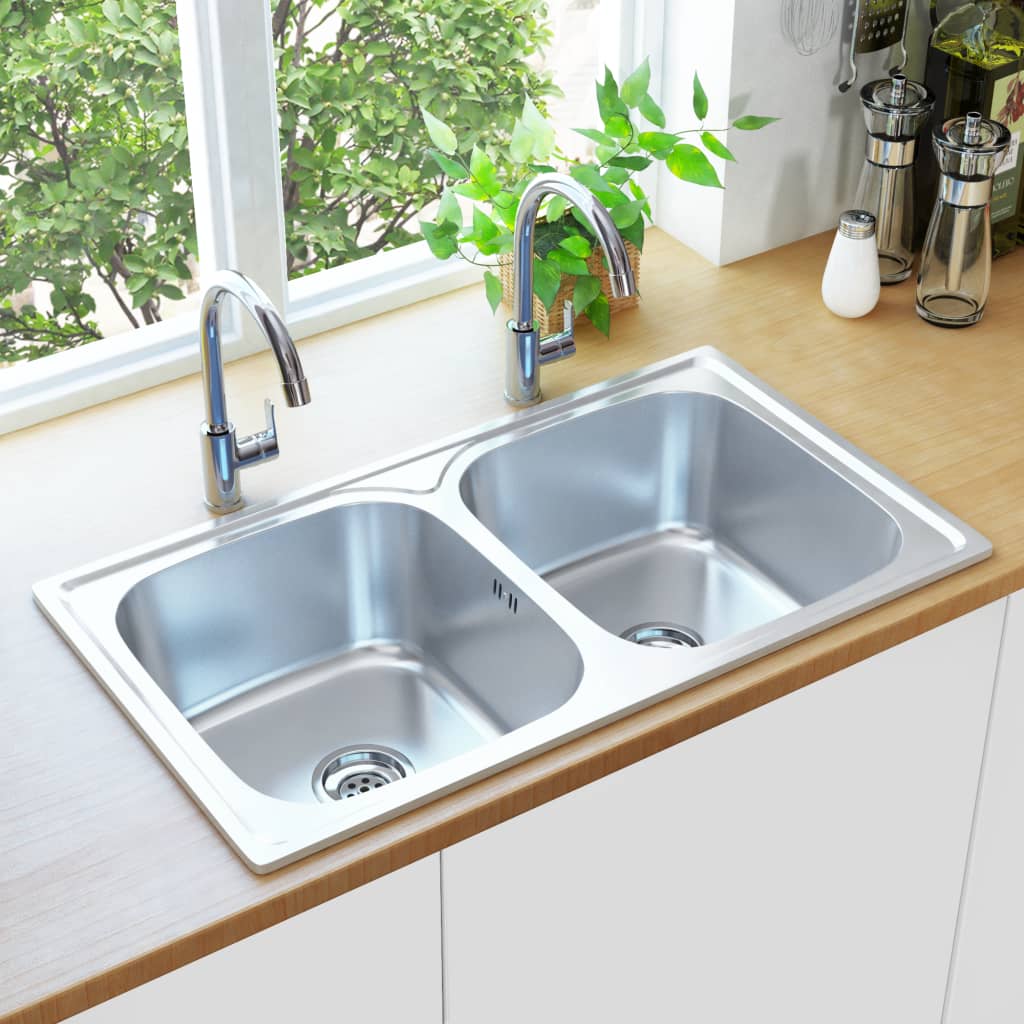vidaXL Dvostruki sudoper s cjedilom i sifonom od nehrđajućeg čelika