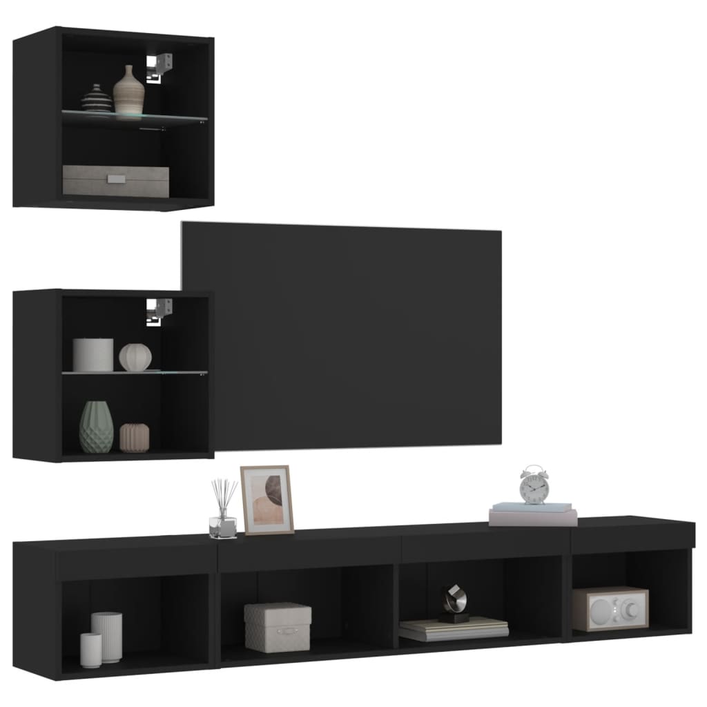 vidaXL 5-dijelni zidni TV elementi s LED svjetlima crni drveni