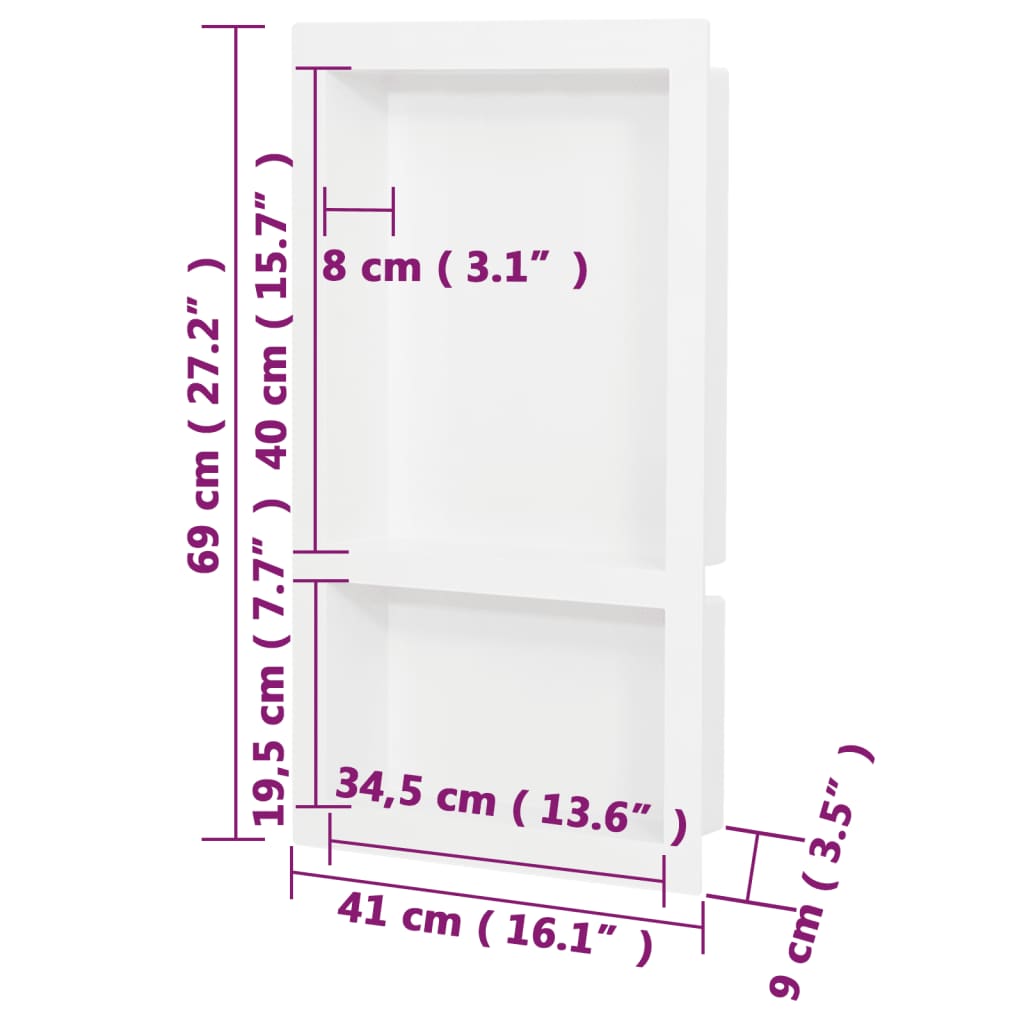 vidaXL Niša za tuš s 2 odjeljka bijela visokog sjaja 41 x 69 x 9 cm