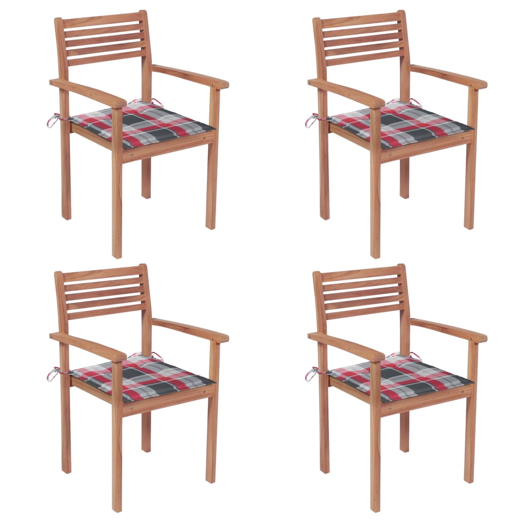 vidaXL Vrtne stolice s crvenim kariranim jastucima 4 kom od tikovine