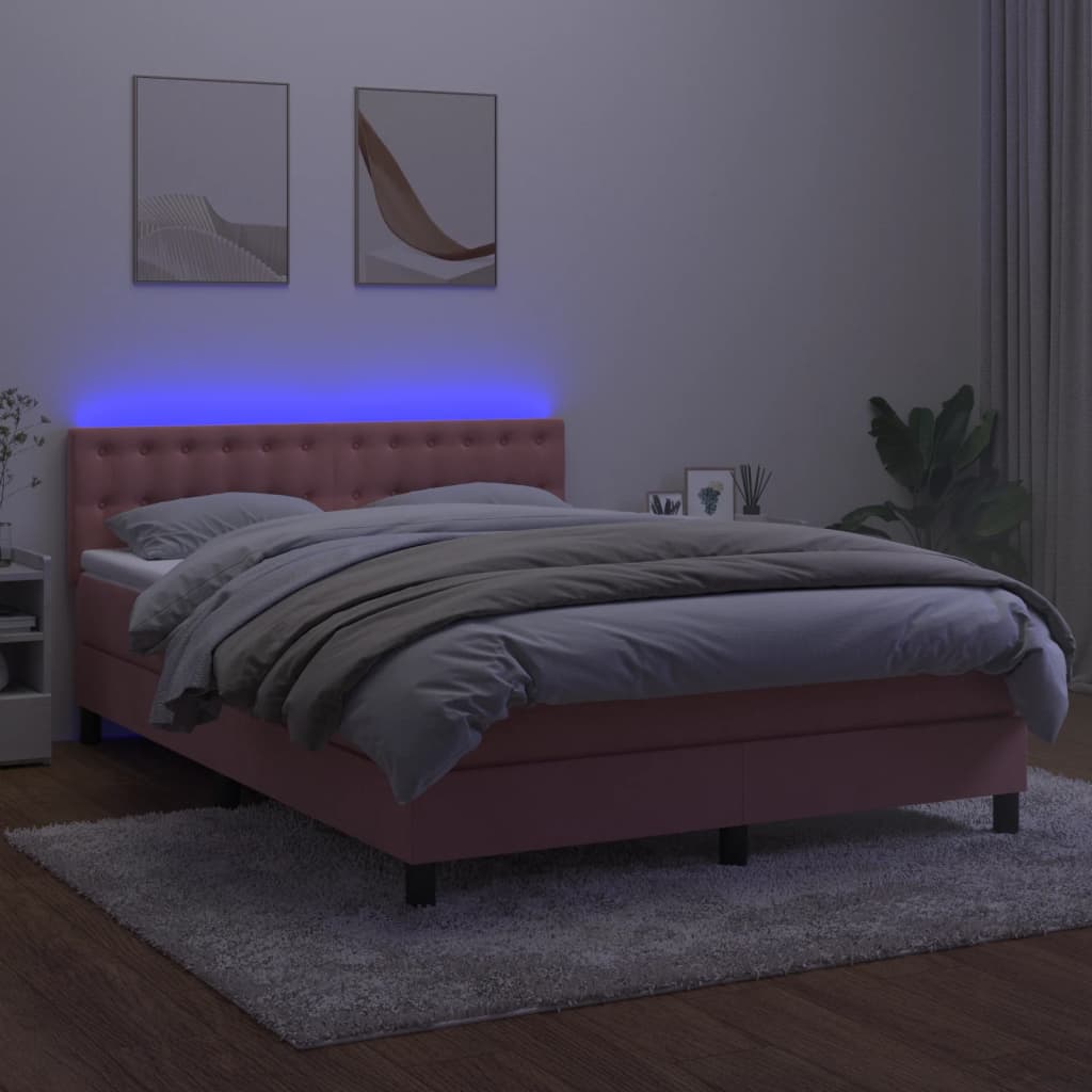 vidaXL Krevet box spring s madracem LED ružičasti 140x200cm baršunasti