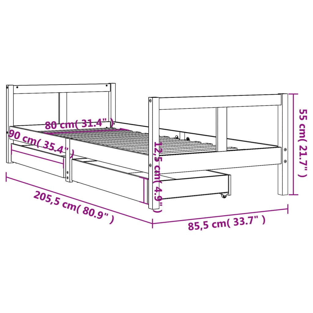 vidaXL Okvir dječjeg kreveta s ladicama crni 80 x 200 cm od borovine