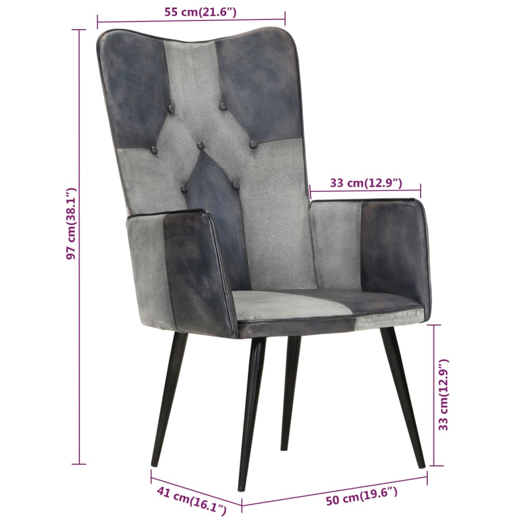 vidaXL Fotelja s krilnim naslonom od prave kože siva