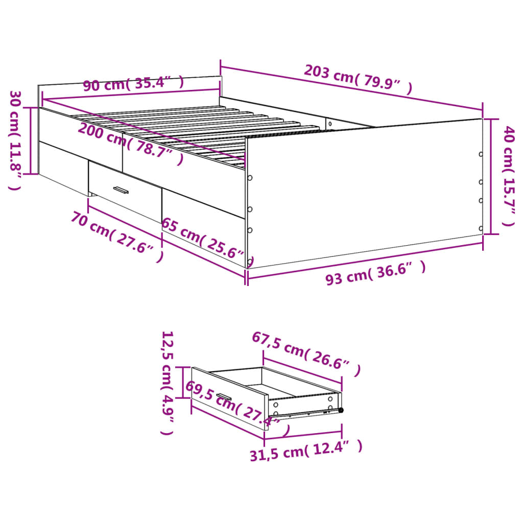 vidaXL Okvir za krevet s ladicama boja hrasta 90x200 cm