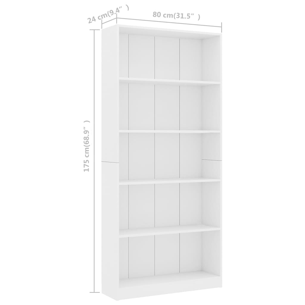vidaXL Ormarić za knjige s 5 razina bijeli 80 x 24 x 175 cm drveni