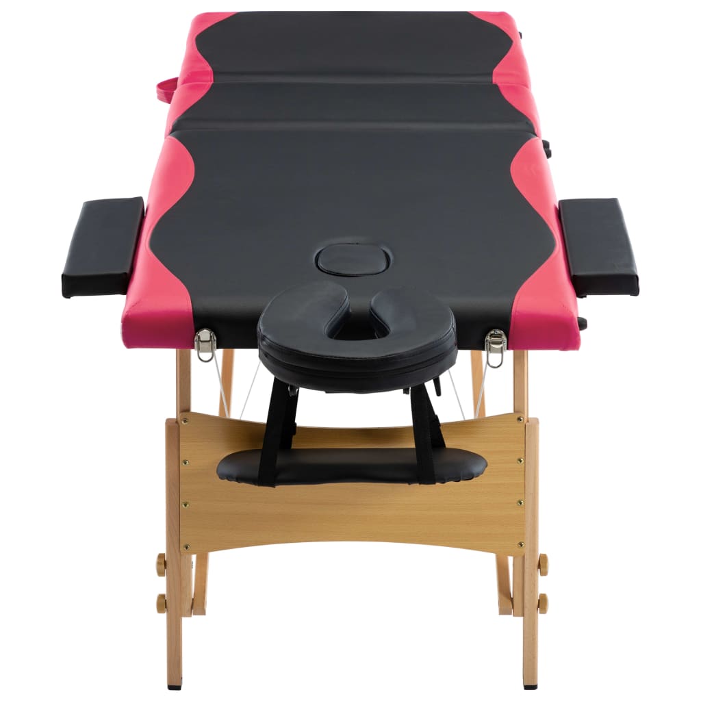 vidaXL Sklopivi stol za masažu s 3 zone drveni crno-ružičasti