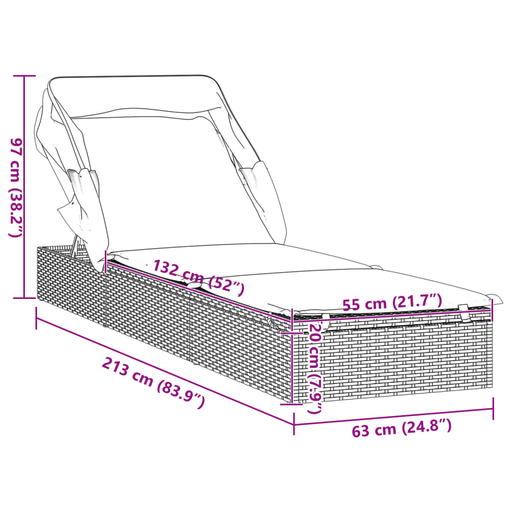 vidaXL Ležaj za sunčanje i sklopivi krov smeđi 213x63x97 cm poliratan