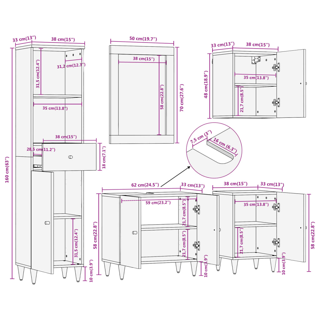 vidaXL 5-dijelni set kupaonskog namještaja od masivnog drva manga