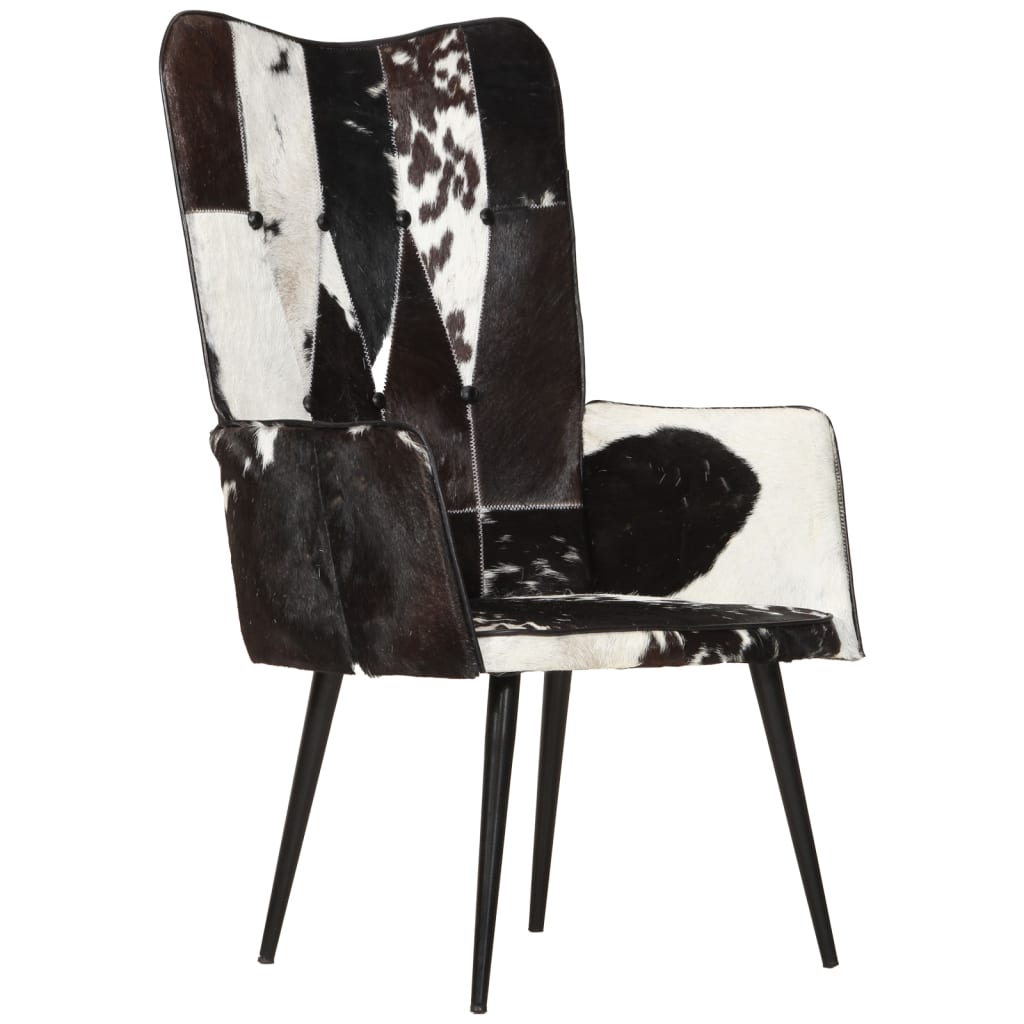 vidaXL Dlakava fotelja s krilnim naslonom od prave kože crno-bijela