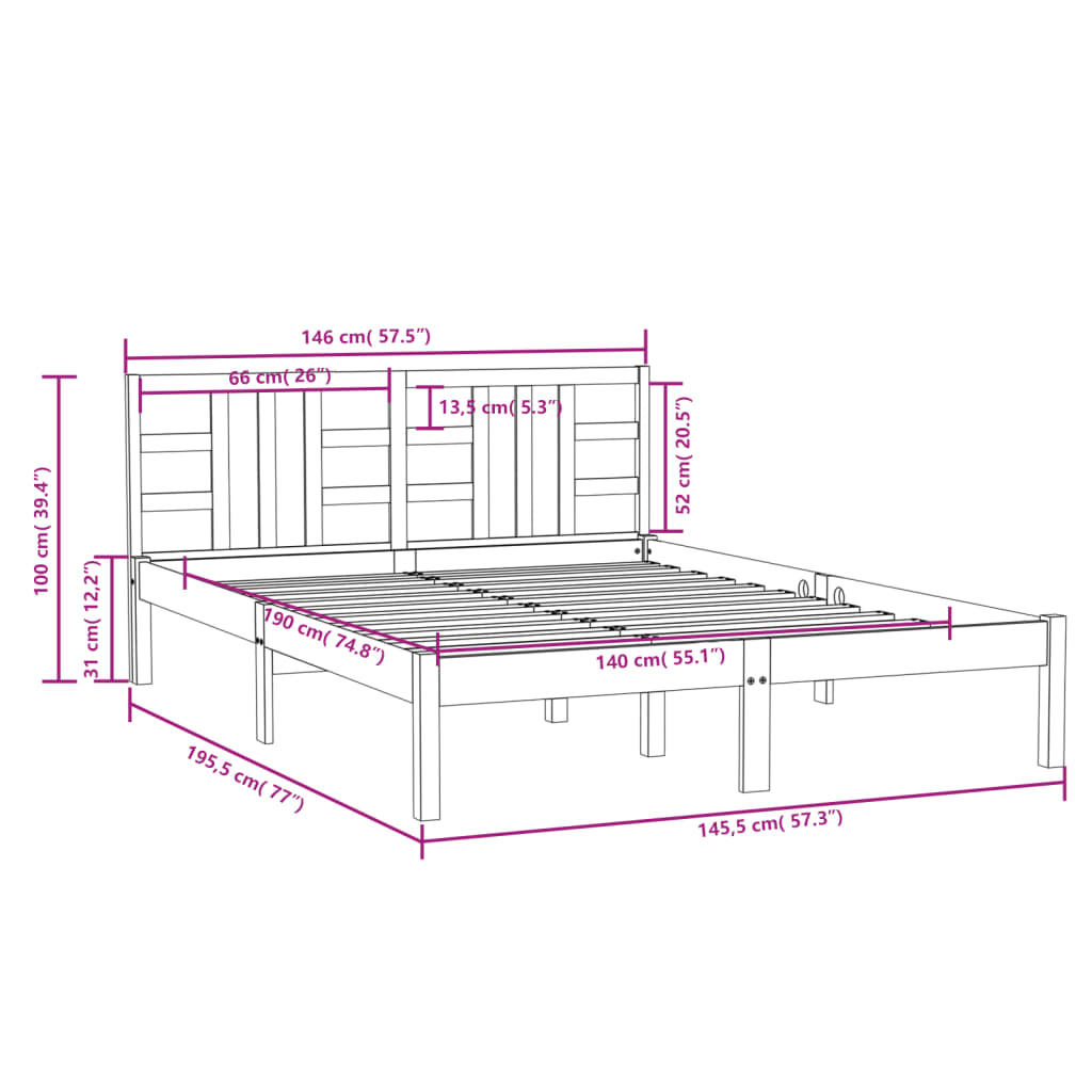 vidaXL Okvir za krevet od masivnog drva crni 140 x 190 cm
