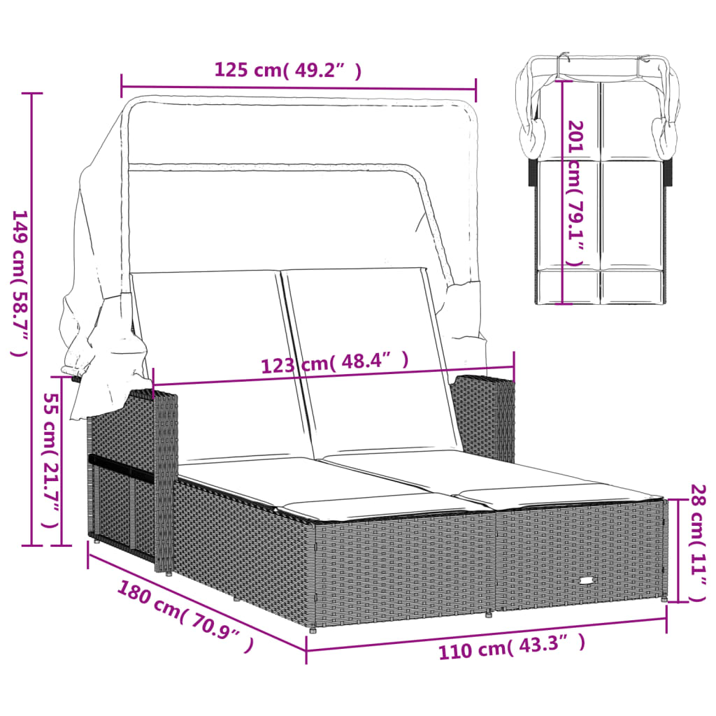 vidaXL Dupla ležaljka za sunčanje s krovom i jastucima crna poliratan