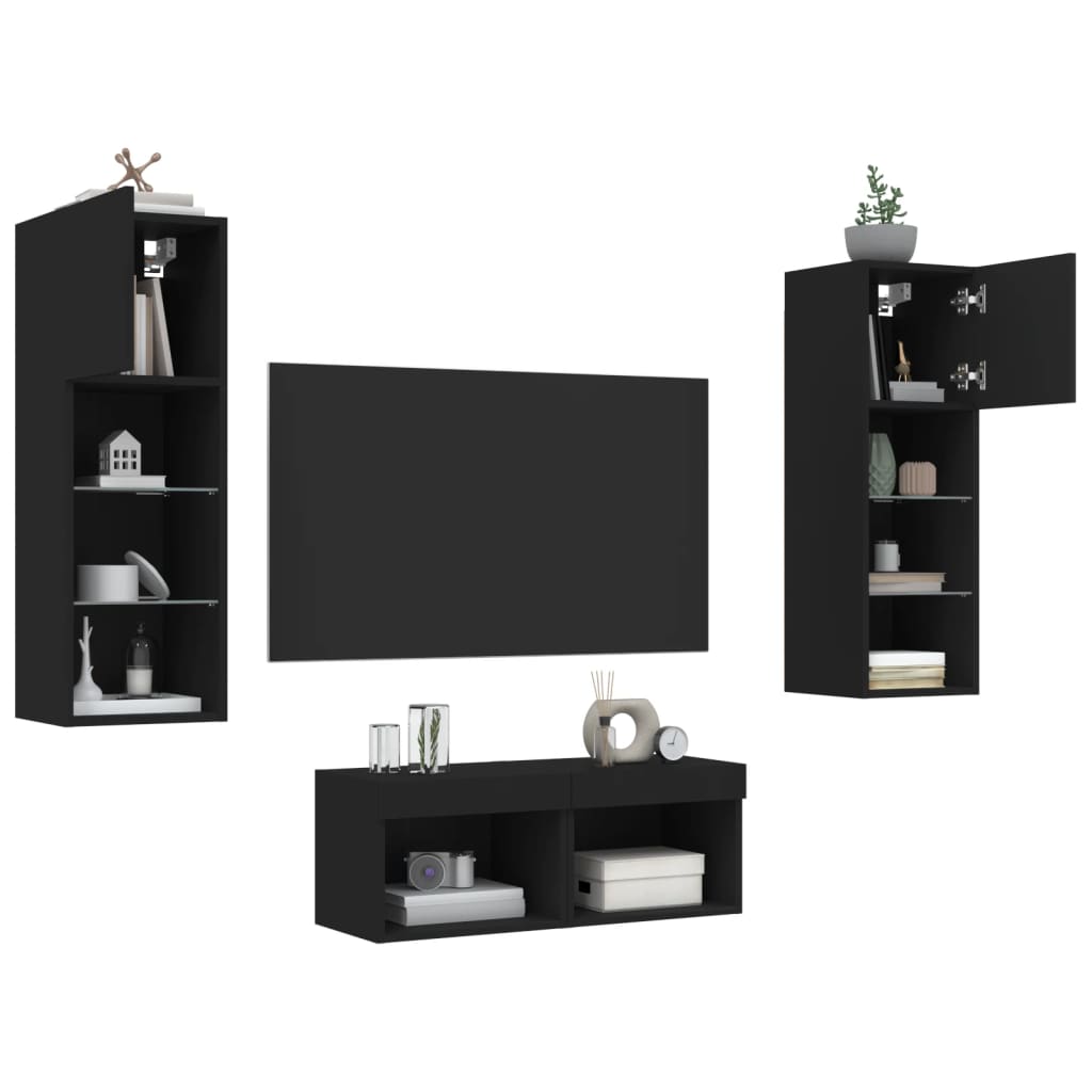 vidaXL 4-dijelni zidni TV ormarići s LED svjetlima crna