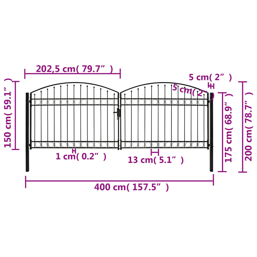 vidaXL Dvostruka vrata za ogradu s lučnim vrhom čelik 400x150 cm crna