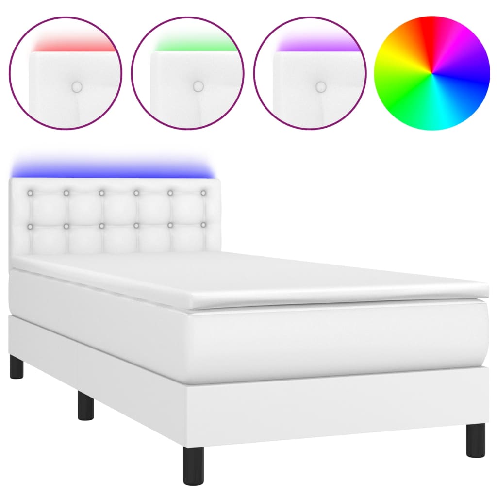 vidaXL Krevet box spring s madracem LED bijeli 90x200 cm umjetna koža
