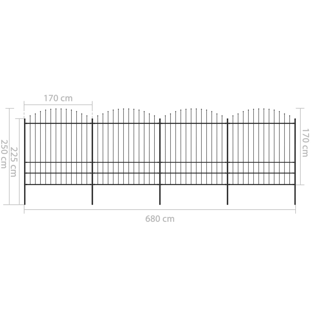 vidaXL Vrtna ograda s ukrasnim kopljima (1,75-2) x 6,8 m čelična crna