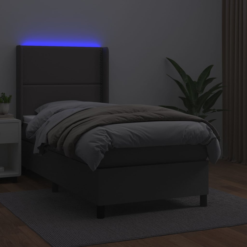 vidaXL Krevet box spring s madracem LED sivi 90x200 cm od umjetne kože