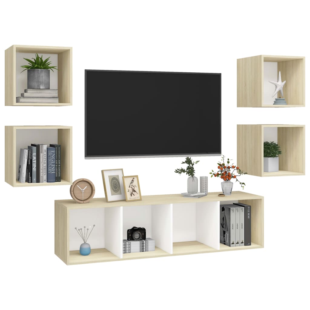 vidaXL 5-dijelni set TV ormarića bijeli i boja hrasta od iverice