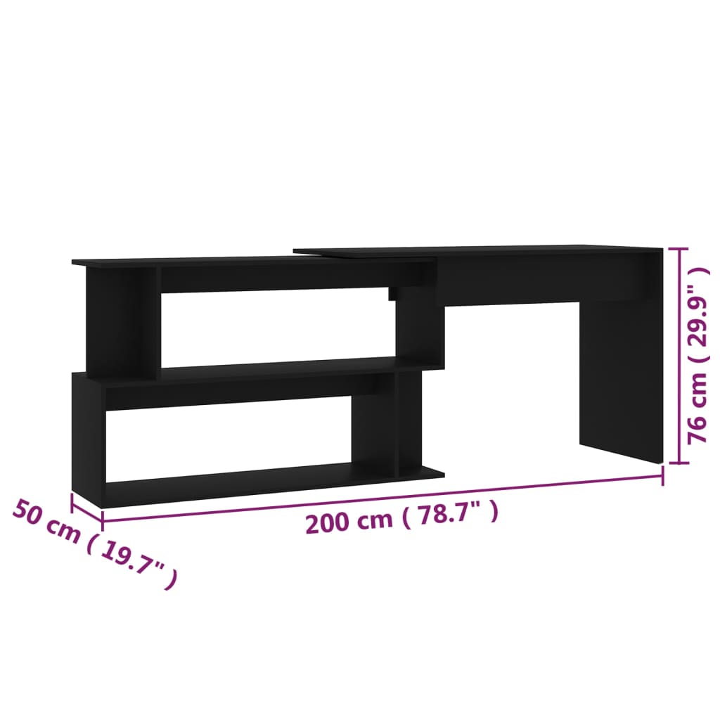 vidaXL Kutni radni stol crni 200 x 50 x 76 cm od konstruiranog drva
