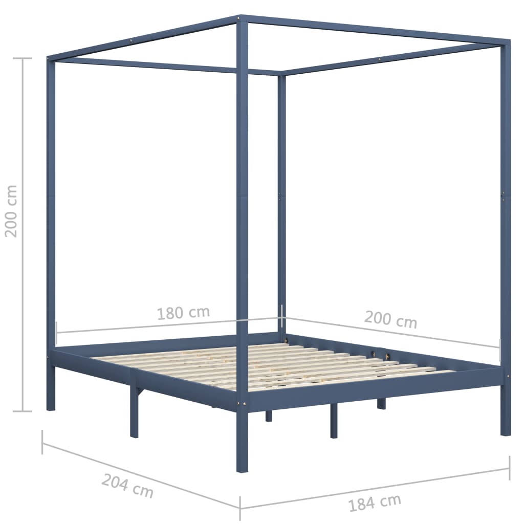 vidaXL Okvir za krevet s baldahinom od borovine sivi 180 x 200 cm