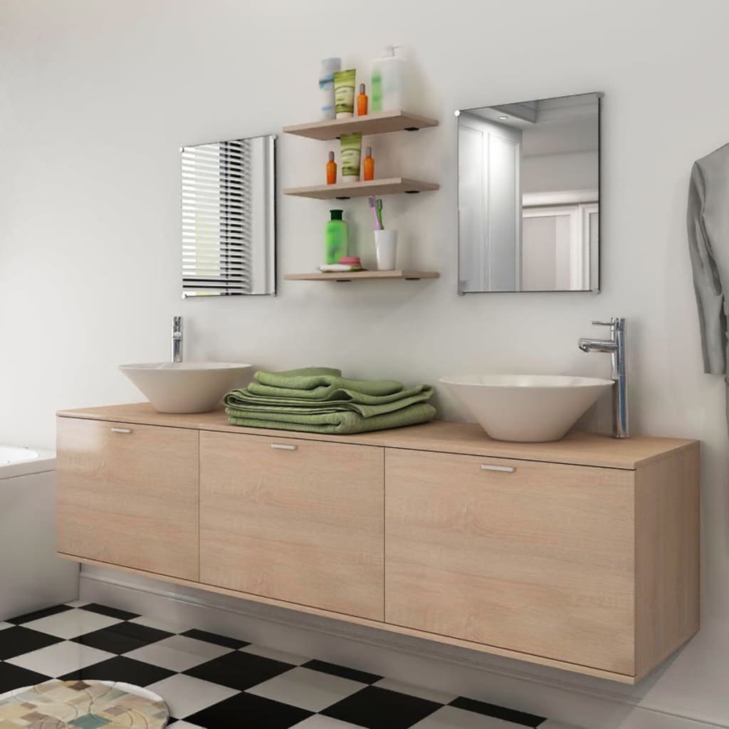 vidaXL 10-dijelni set kupaonskog namještaja s umivaonikom i slavinom bež